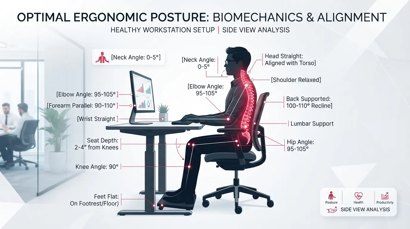 Optimal ergonomic posture — biomechanics & alignment diagram