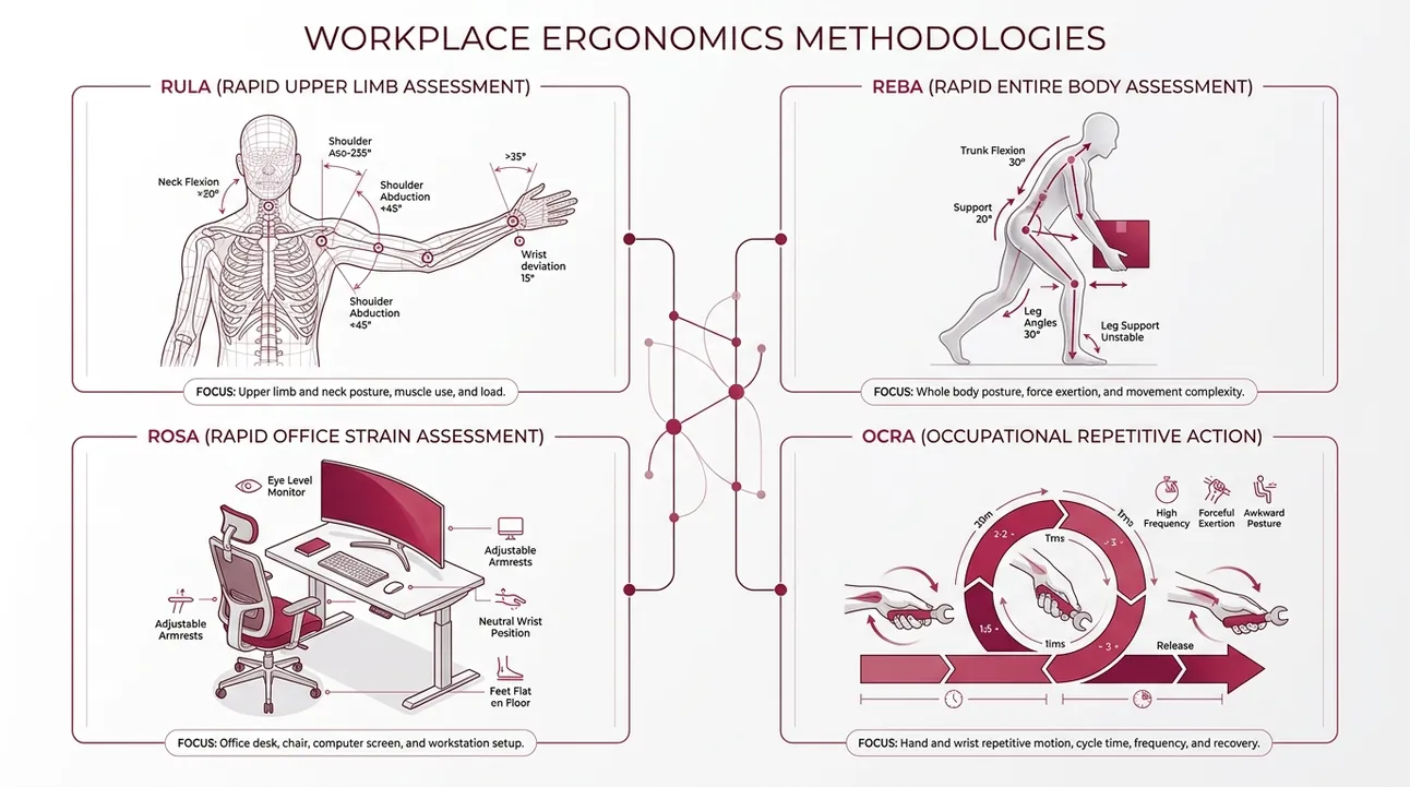 Workplace ergonomics methodologies — RULA, REBA, ROSA, OCRA